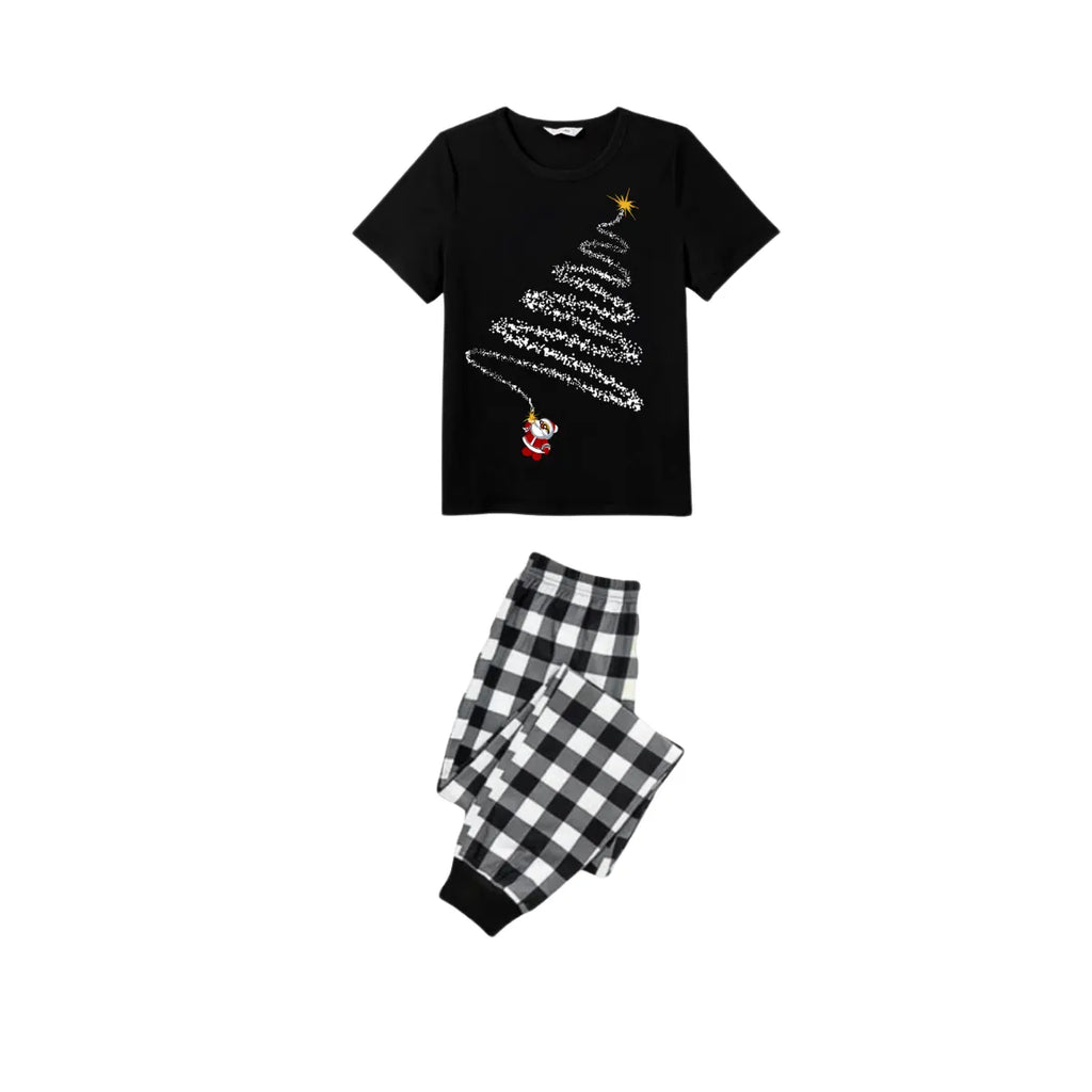 Santa Climbing Christmas Tree Family Pajamas Set - Black Top Black and White Plaid Pants White Tree Graphic