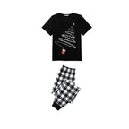 Santa Climbing Christmas Tree Family Pajamas Set - Black Top Black and White Plaid Pants White Tree Graphic