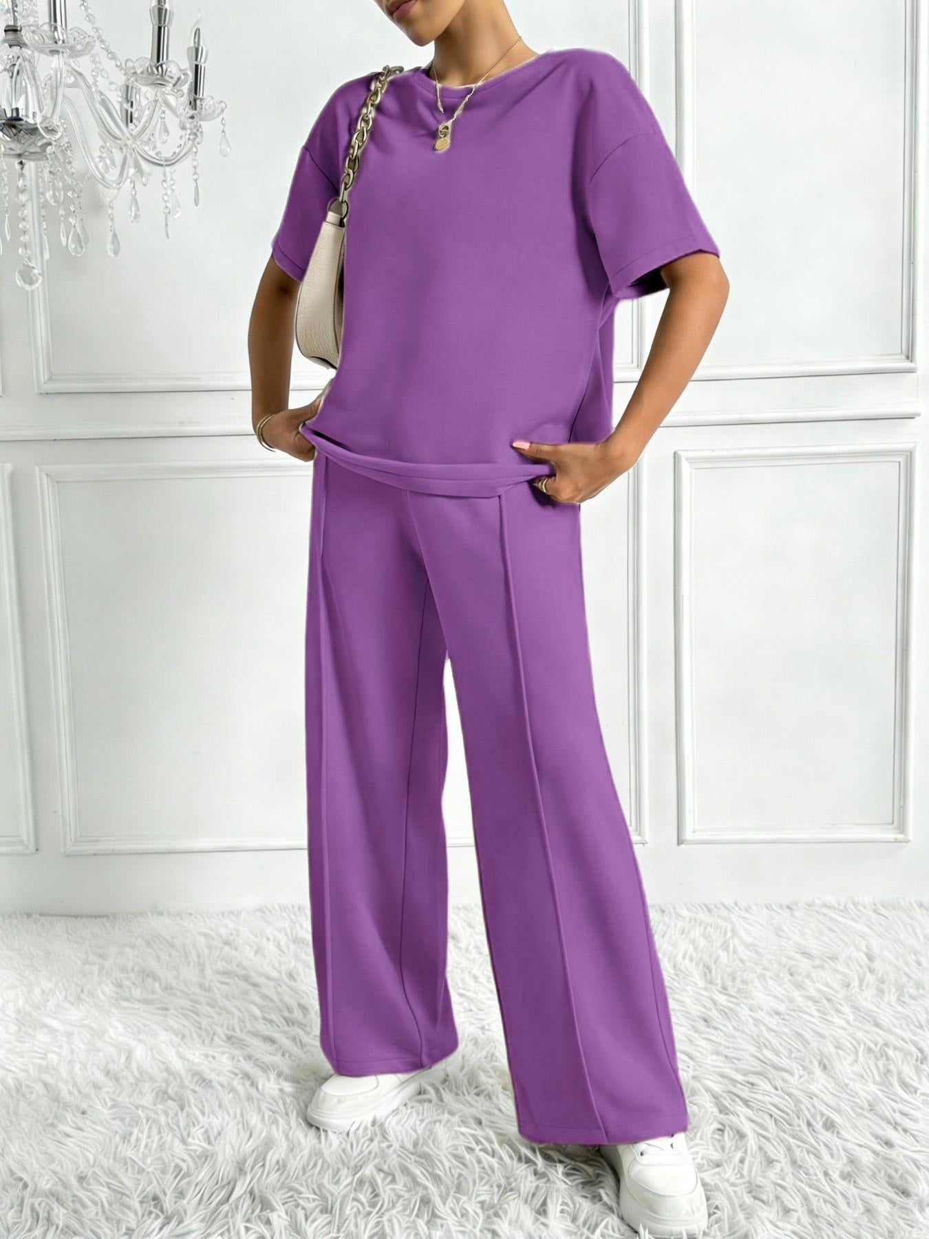 Women's Solid Color Casual Two-Piece Set, Comfortable Loose Fit Co-ord Set for Spring and Summer, Perfect for Daily Wear and Sports