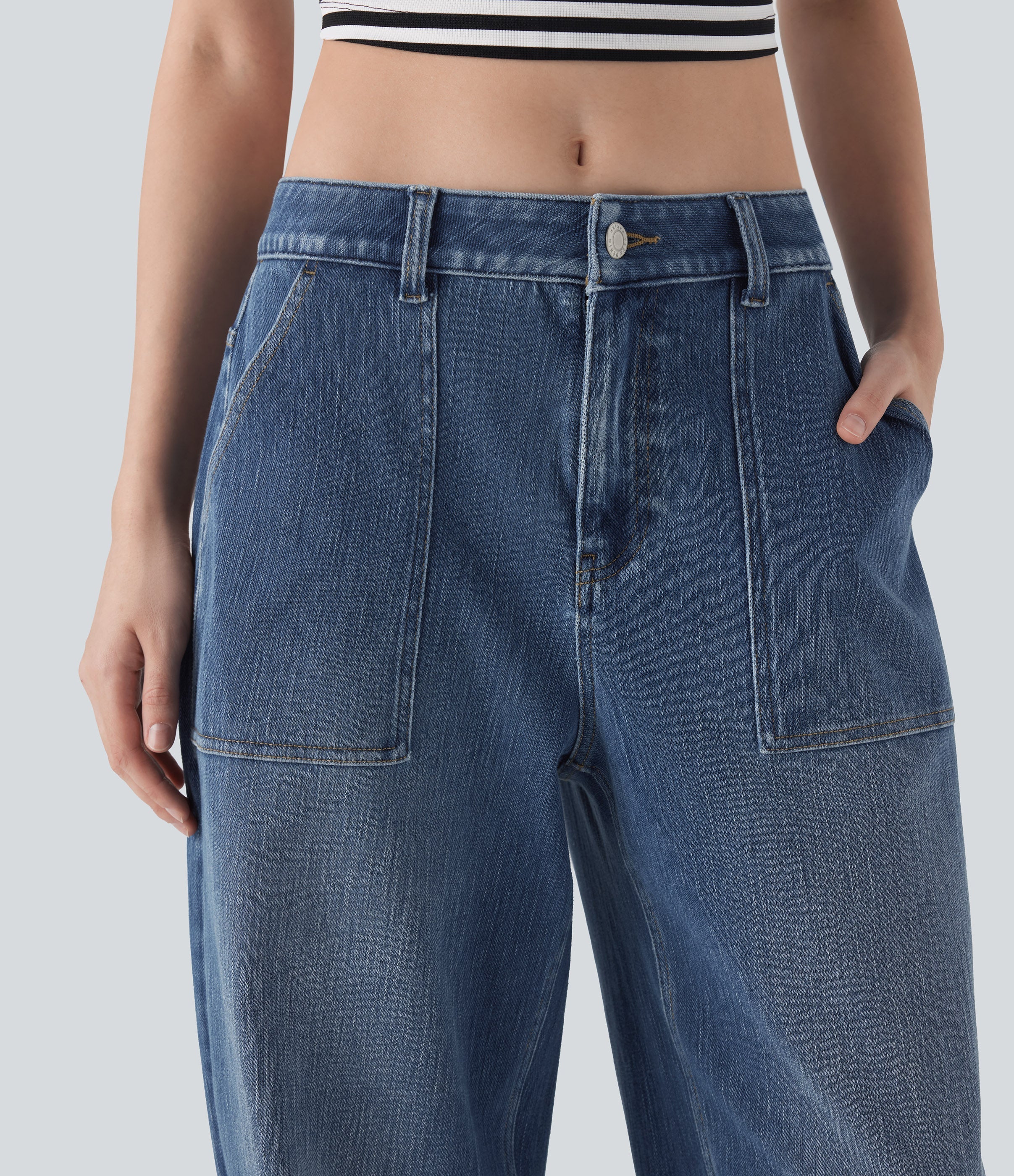 FlexTM Low Rise Rolled Hem Washed Casual Baggy Jeans with Pockets