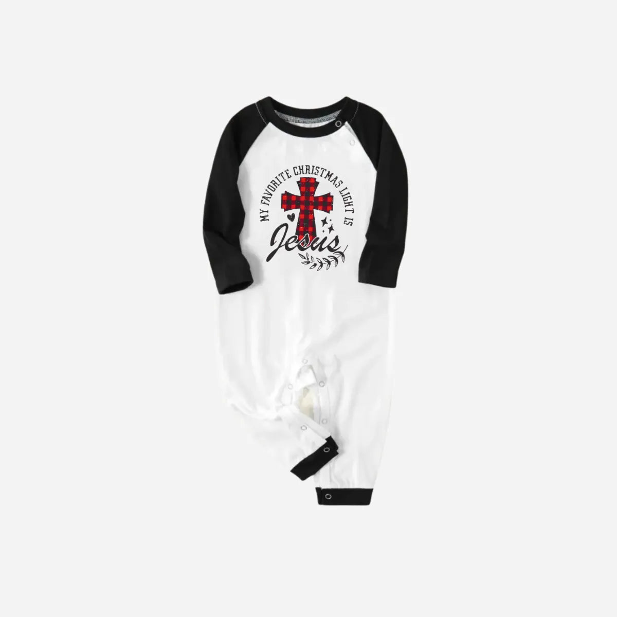 My Favorite Christmas Light Is Jesus Family Christmas Pajamas Set - Black and White Top with Green Plaid Pants