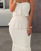 Women's Bandeau Shirred Ruffle Hem Wedding Guest Layered Wedding Dress/Women's Ruched Bodycon Dress/Women's Shirred Ruffle Hem Dress Womenswear