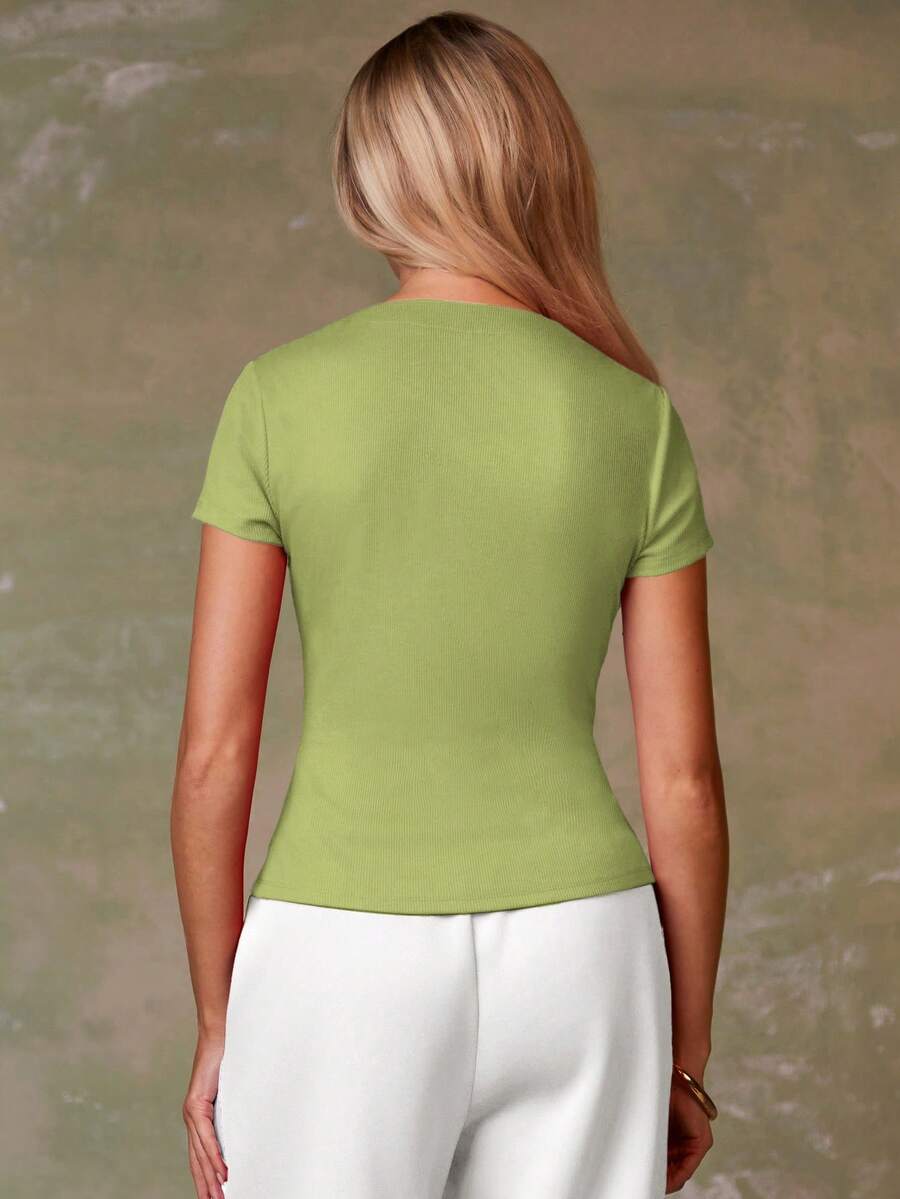 Women's Casual Red Single-Breasted Short Sleeve Fitted Top,Red Top,Christmas, Cute Vacation,Resort Wear,Summer Holiday,Spring,Spring Break,Beach