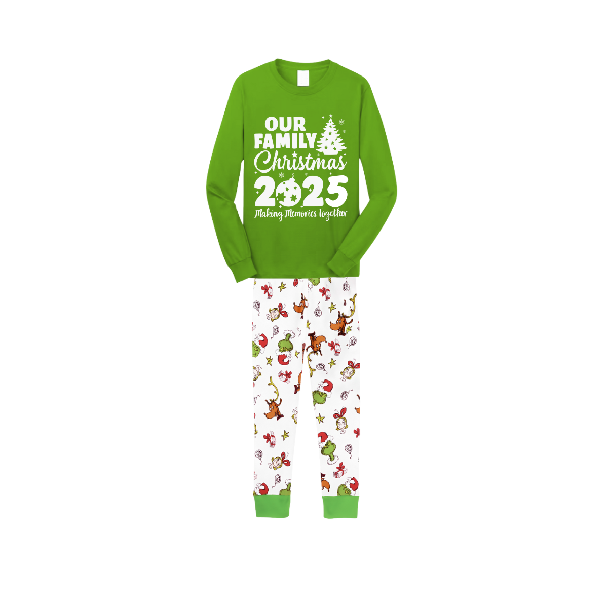 2025 Our Family Christmas Matching Pajamas - Green with Santa & Reindeer Pattern