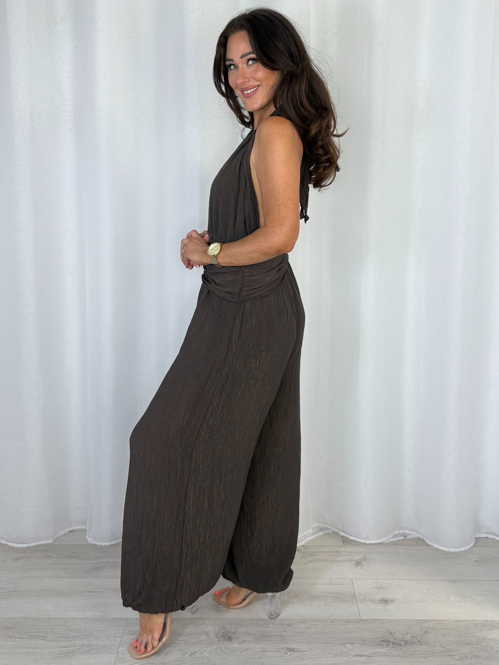 Crinkle Shimmer Halter Neck Drape Detail Backless Jumpsuit (7 Colours)