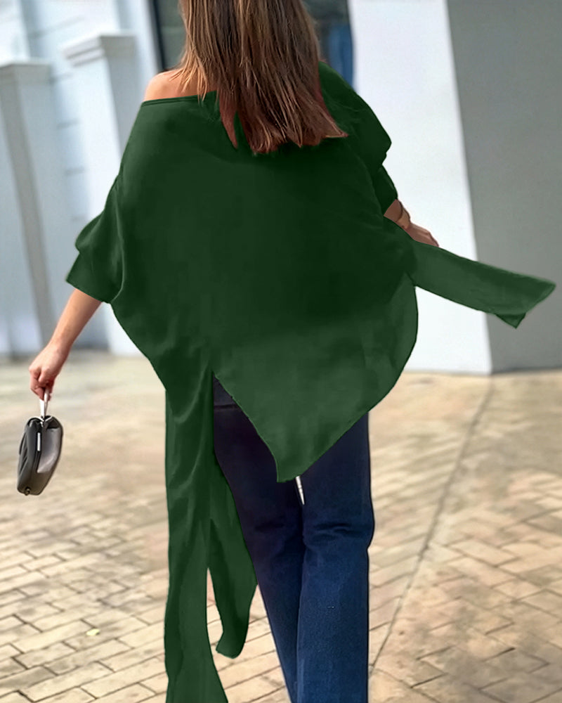 Women's Skew Neck Batwing Sleeve Tee Asymmetric Loose Cape Blouse Slit Elegant Top