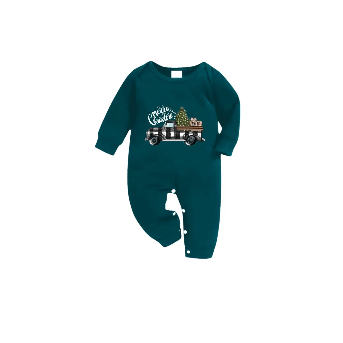 Christmas Family Matching Pajamas-Dark Green&Deer Patterned Pjs Set with "Merry Christmas" and Car Pattern Print