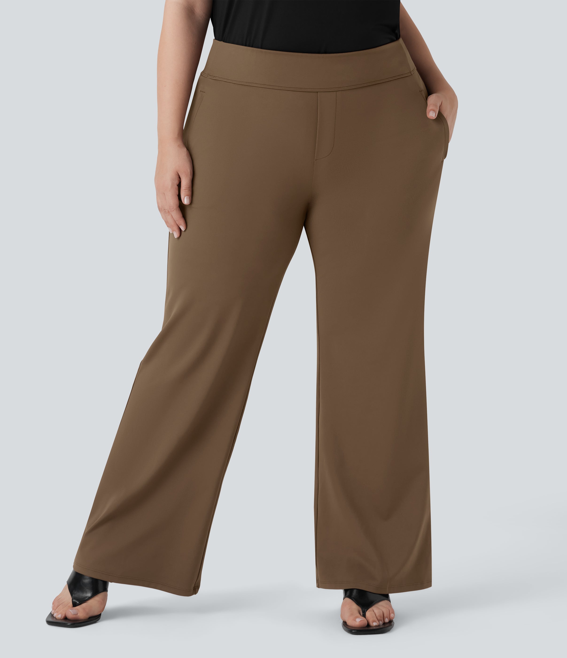 Plus Size FlexTM High Waisted Work Flare Pants with Side Zip Pockets
