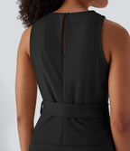 Sleeveless Keyhole-Back Belted Midi Work Dress