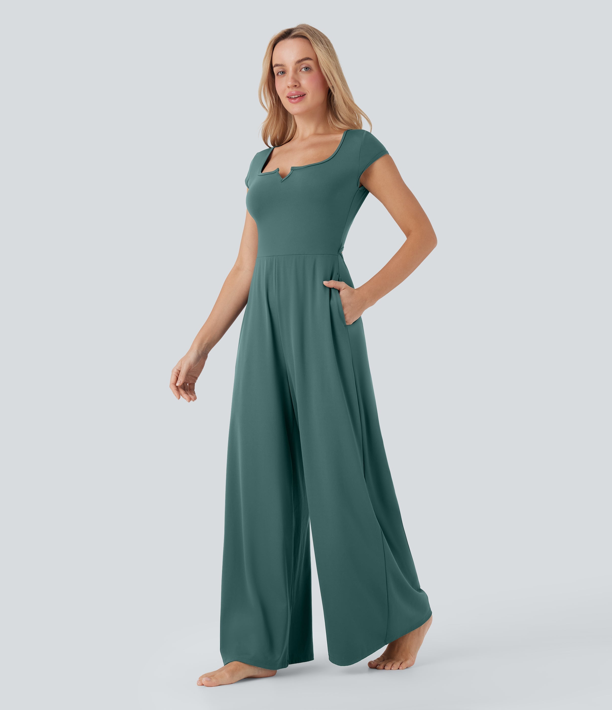 SoftlyZeroTM Airy Short Sleeve Wide Leg Cool Touch Yoga Jumpsuit with Pockets-Easy Peezy Edition