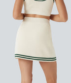 High Waisted Color Block 2-in-1 Mini Casual Sweater Knit Skirt with Pocket