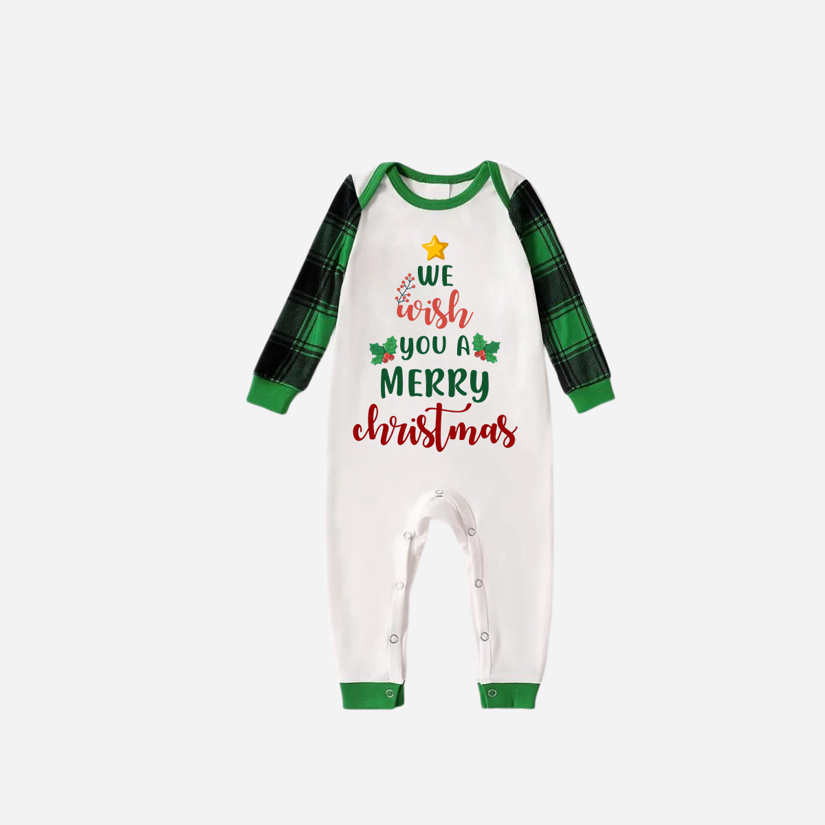 Green Raglan Top Green Plaid Christmas Pajamas Set  With "We Wish You a Merry Christmas" Text Print