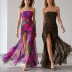 Women's Tube Top DressStrapless Backless Mesh Patchwork Tropical Leopard Print High Slit Long Dress for Party Club Night Polyester