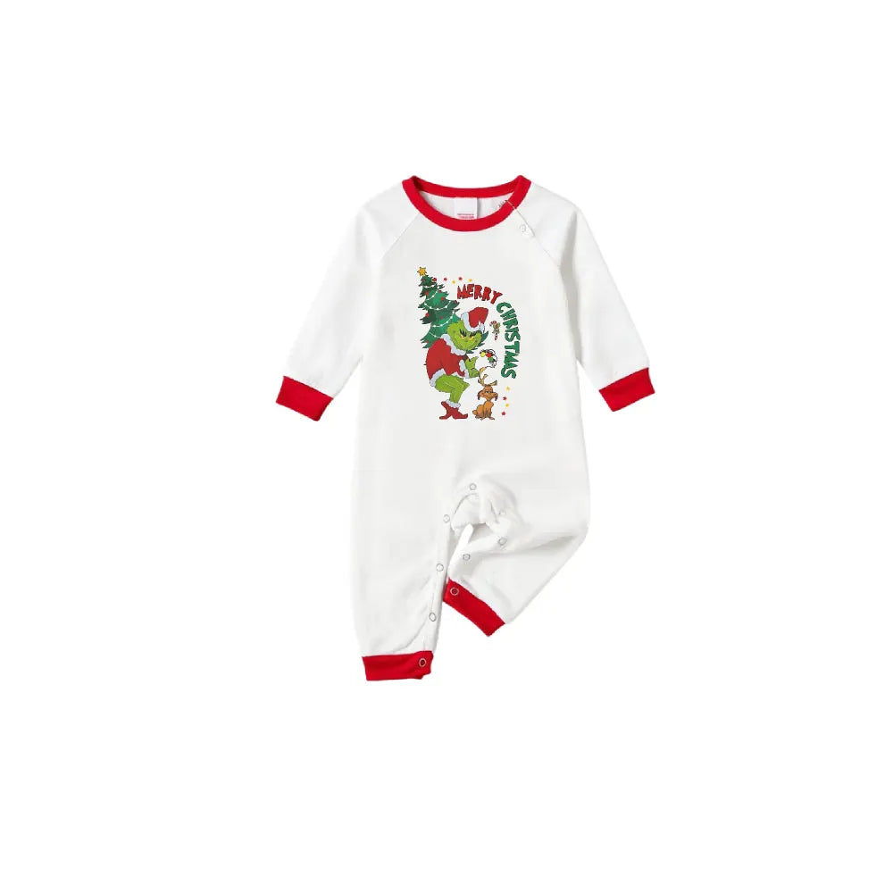 Family Christmas White Pajamas Set With Cute Xmas Pattern Print