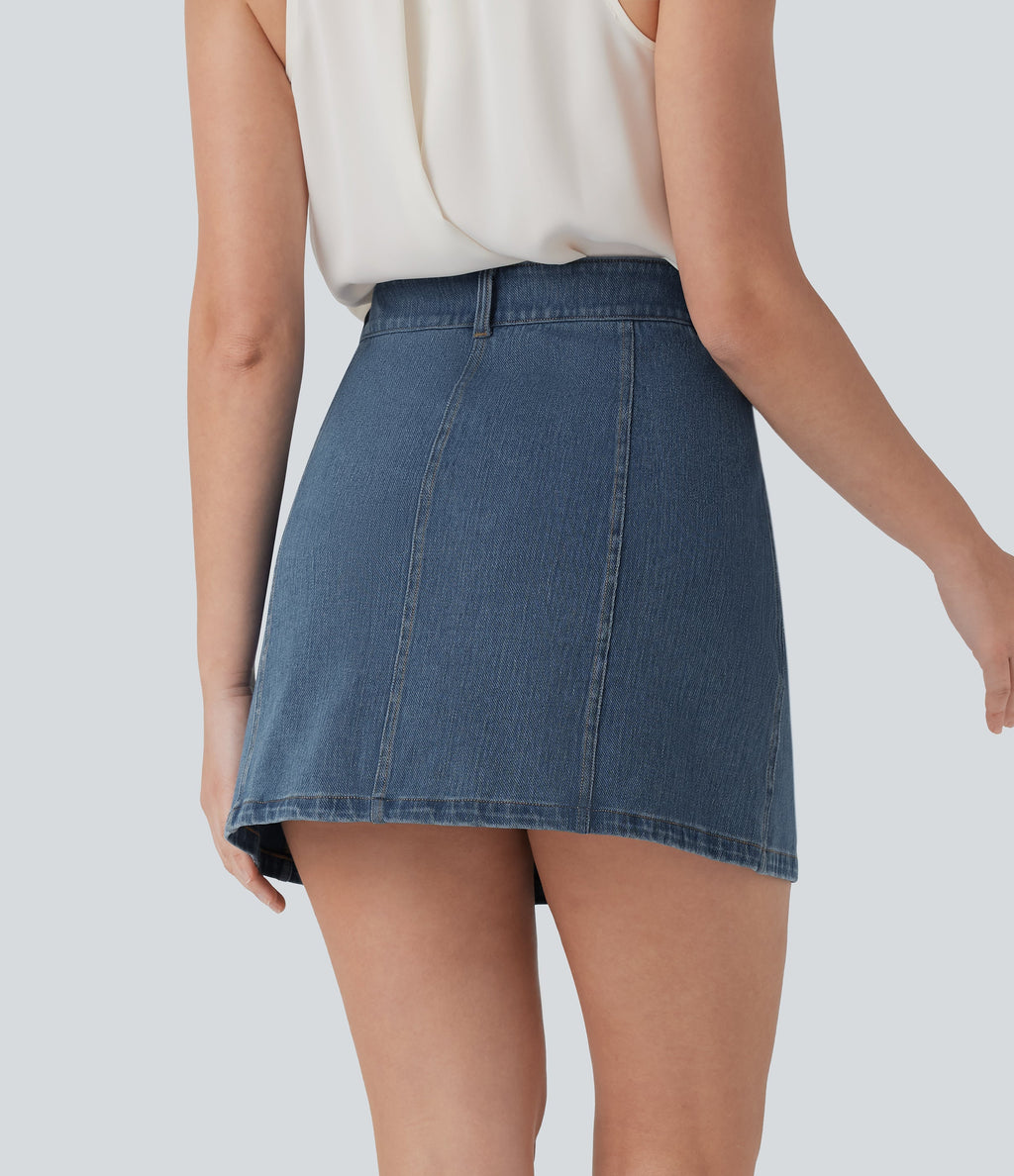 FlexTM Mid Rise A Line Stretchy Knit Denim Mini Casual Skirt with Pockets