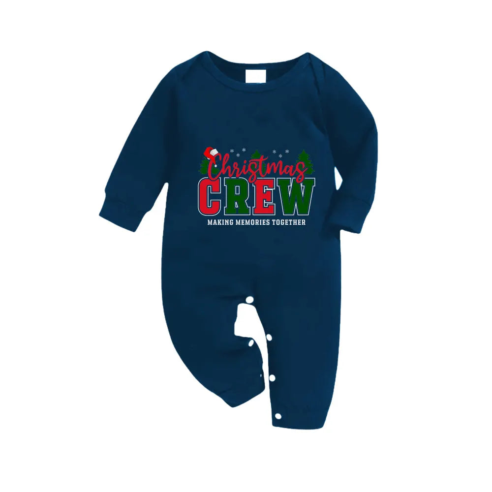 Christmas Family Matching Pajamas-Navy & Sky Blue Plaid Pjs Set with "Christmas Crew Making Memories Together" Slogan Print