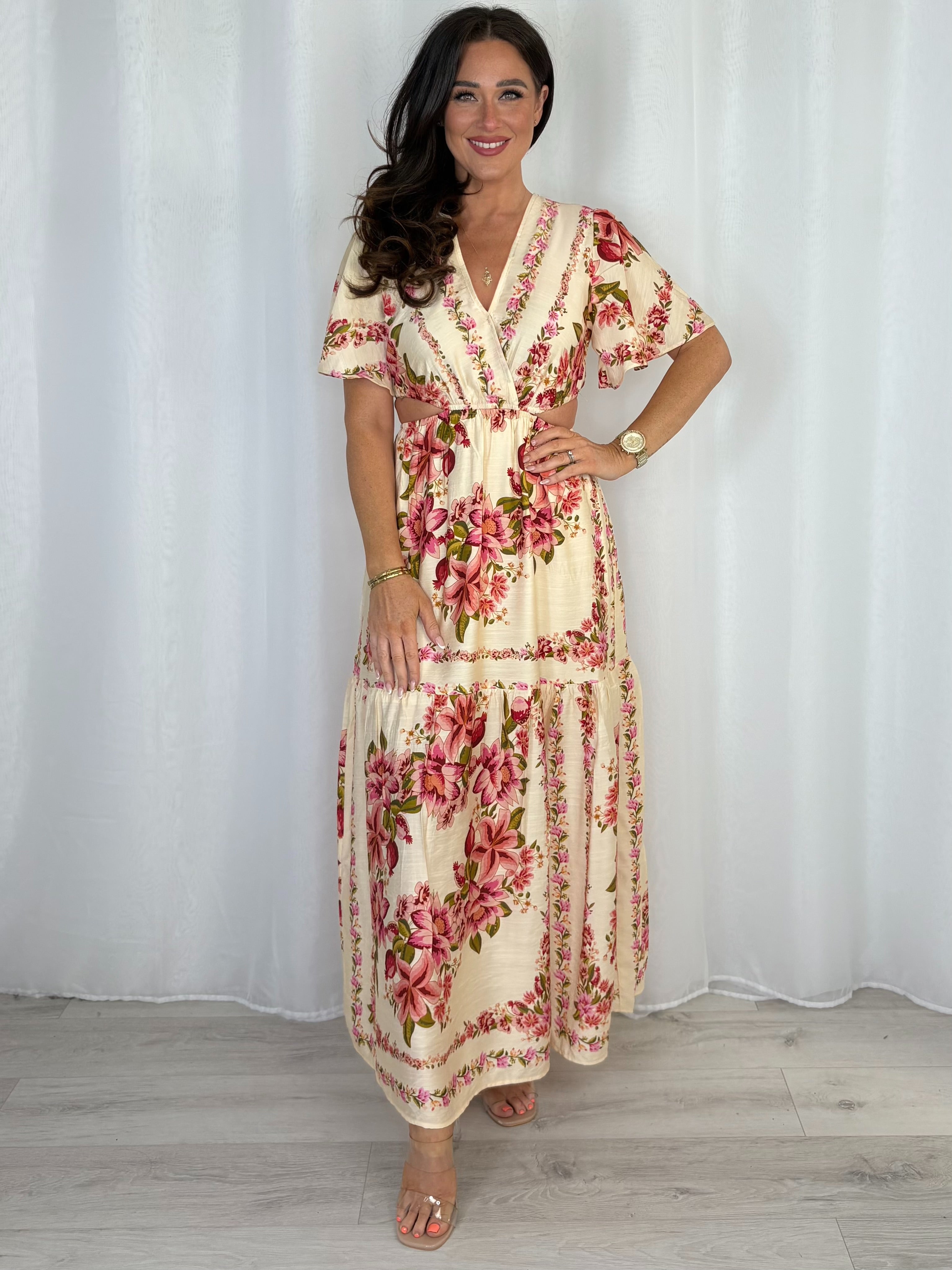 Floral Side Cut Out V-Neck Maxi Dress