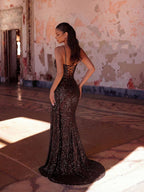Elegant Sequin Spaghetti Strap Rhinestone Patchwork Fishbone High Waist High Slit Tie Back Open Back Evening Dress Fall