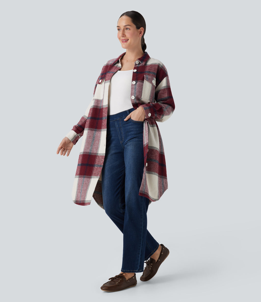 Plaid Curved Hem Longline Casual Jacket with Pockets