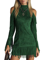 Betty - Semi-high Neck Off-the-shoulder Fringed Faux Suede Long-sleeved Mini Dress