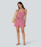 V-neck Snap Belted Stripe Waffle Jumpsuit with Pockets