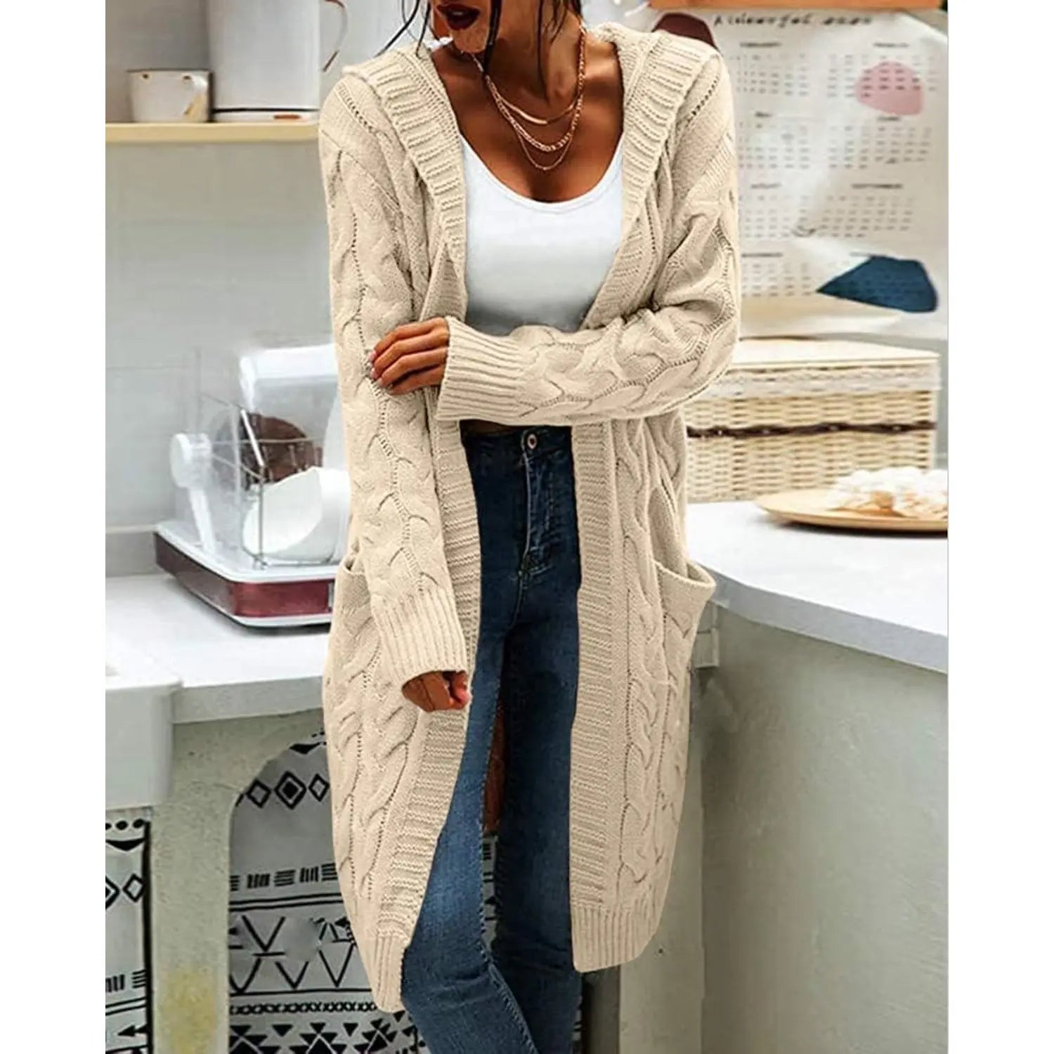 Women's Chunky Cable-Knit Hooded Cardigan Coat - H-Type, Open Front, Baggy Oversized, Acrylic, Long Chunky Knit Sleeves, Stretchy, Knitwear for Work & Casual Wear, All-Season Tops