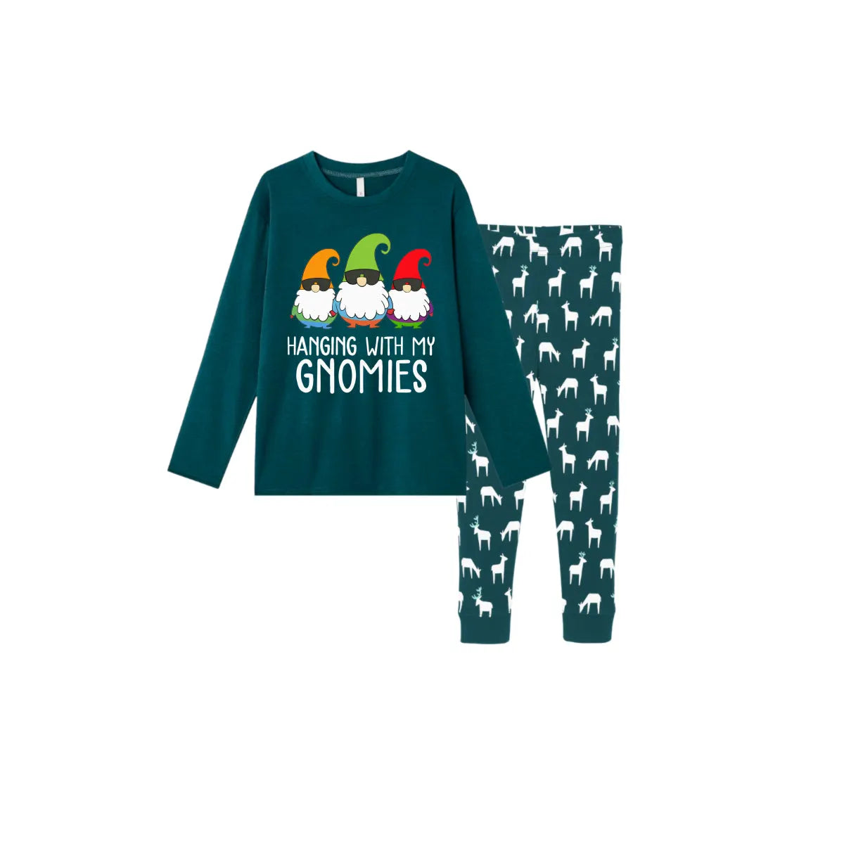 Christmas Family Matching Pajamas-Dark Green&Deer Patterned Pjs Set with "Hanging With My Gnomies" Print