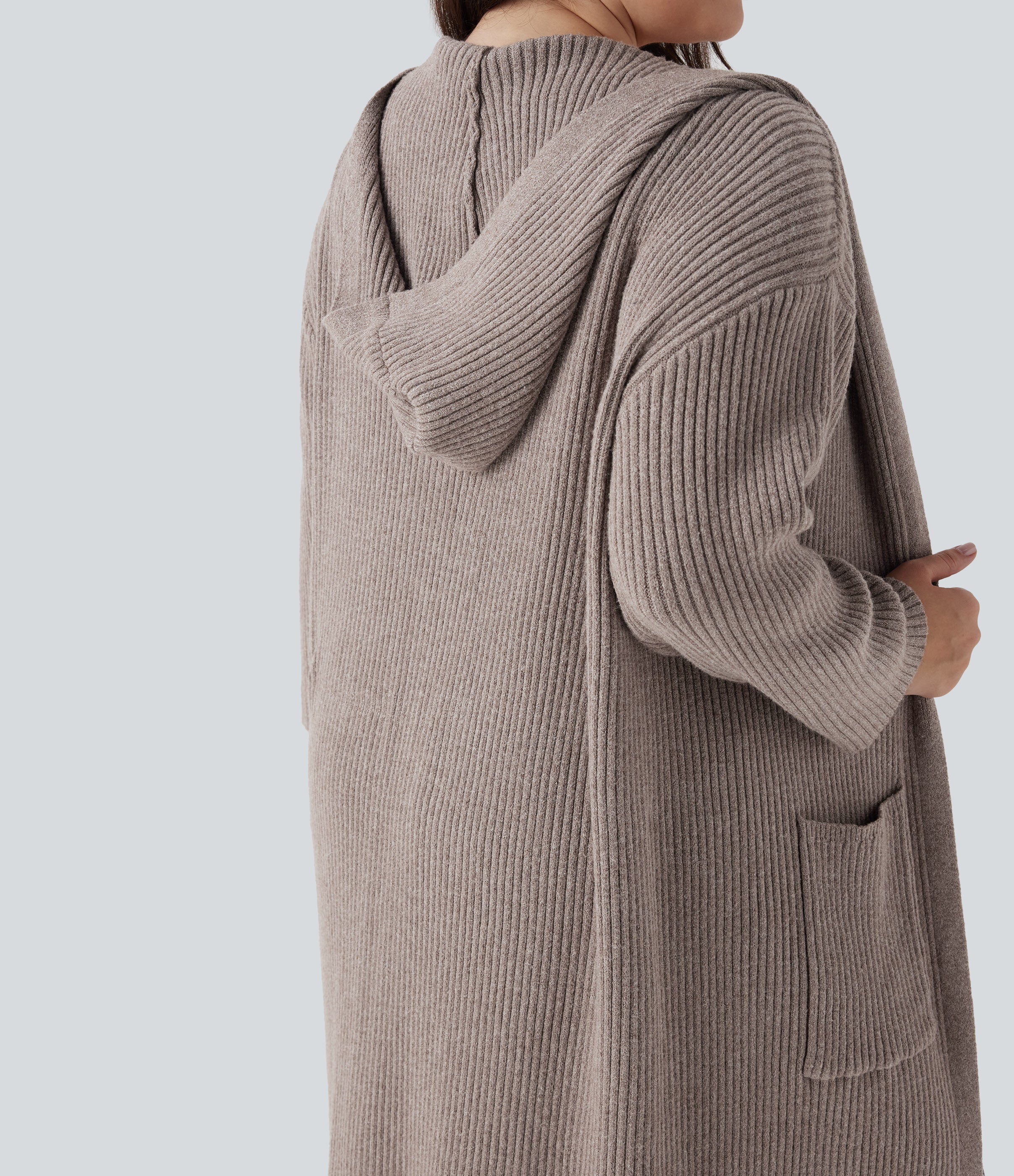 Hooded Long Sleeve Pocket Longline Casual Plus Size Cardigan