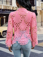 2026 Spring Summer New Women's Blouse, Sexy Asymmetrical Hollow Out Bell Sleeve, Breathable Lightweight Fabric Nightclub Top, Casual Fitted Long Sleeve Shirt, Button Blouse Shirts