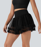 SoCinched High Waisted Tummy Control Contrast Mesh 2-in-1 Mini Dance Skirt with Pockets