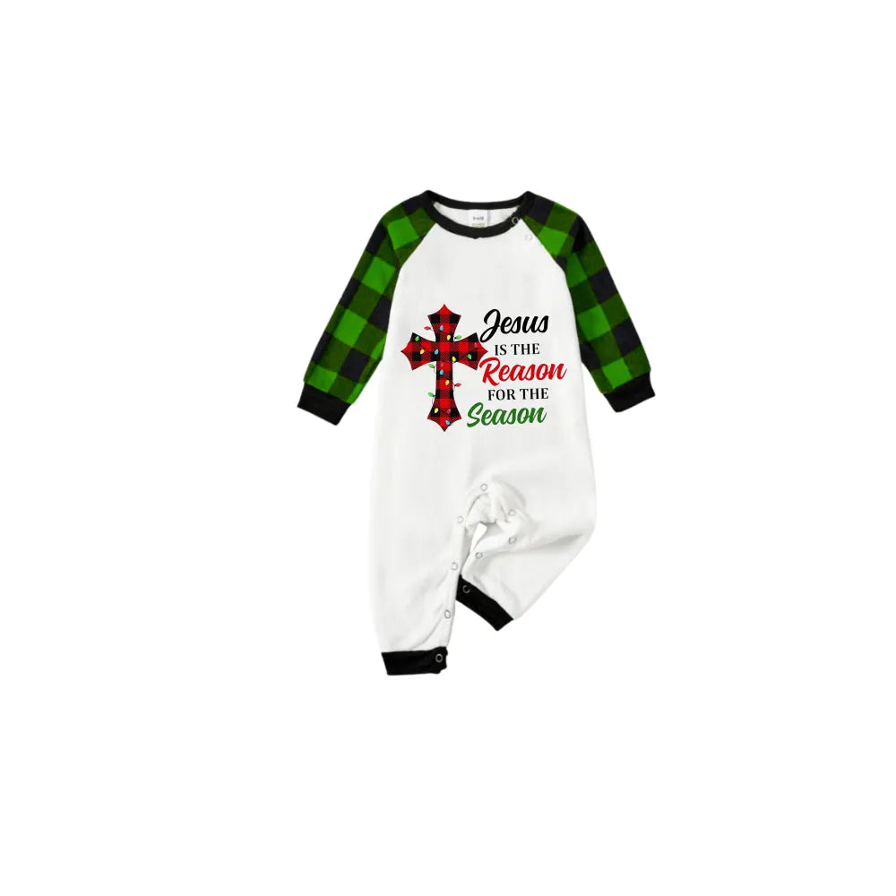 White Top Green Sleeves Green Plaid Pants Pajamas Set With "Jesus Is The Reason For The Season" Slogan Print