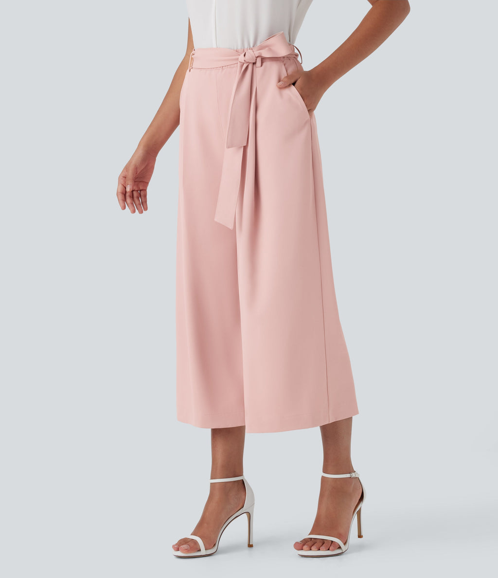 High Waisted Belted Wide Leg Cropped Work Pants with Pockets