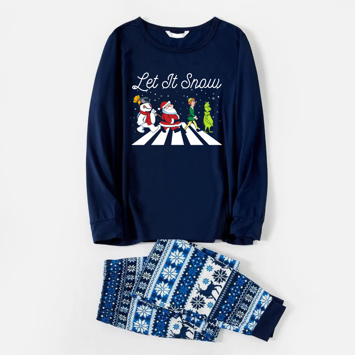 Joyful Blue Christmas Pajamas Set With Santa Claus and Cartoon Pattern Print