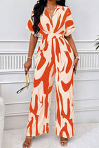 Abstract Print V Neck Short Sleeve High Waist Wide Leg Jumpsuit-Black