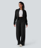Ribbed Stand Collar Long Sleeve Zipper Color Block Casual Jacket with Pockets