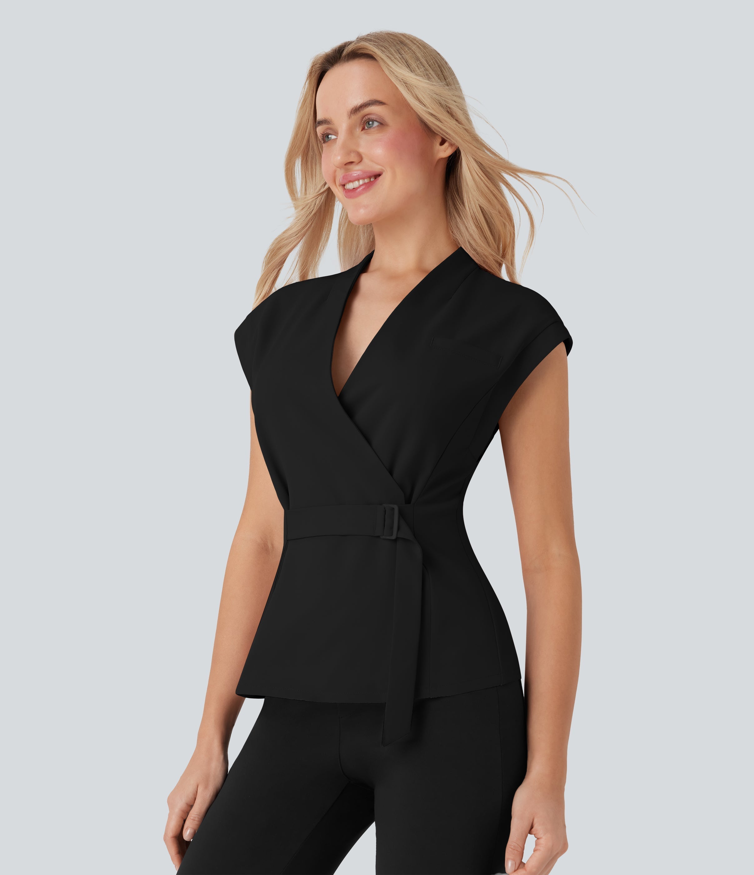 V Neck Sleeveless Wrapped Belted Work Jacket