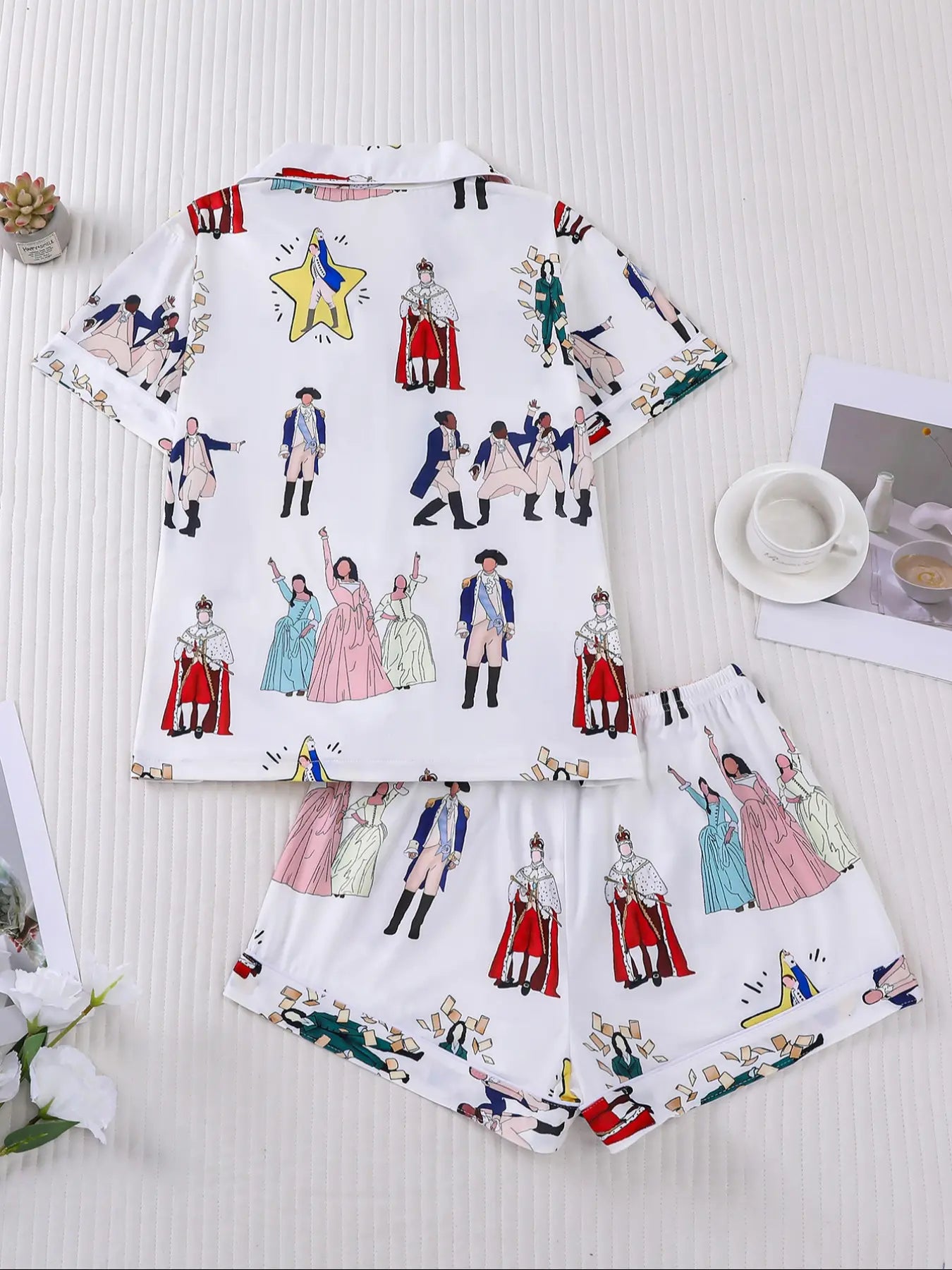Hamilton Musical Themed Women's Pajama Set, Short Sleeve Shirt Collar Button Soft Top & Elastic Shorts, Casual Home Wear