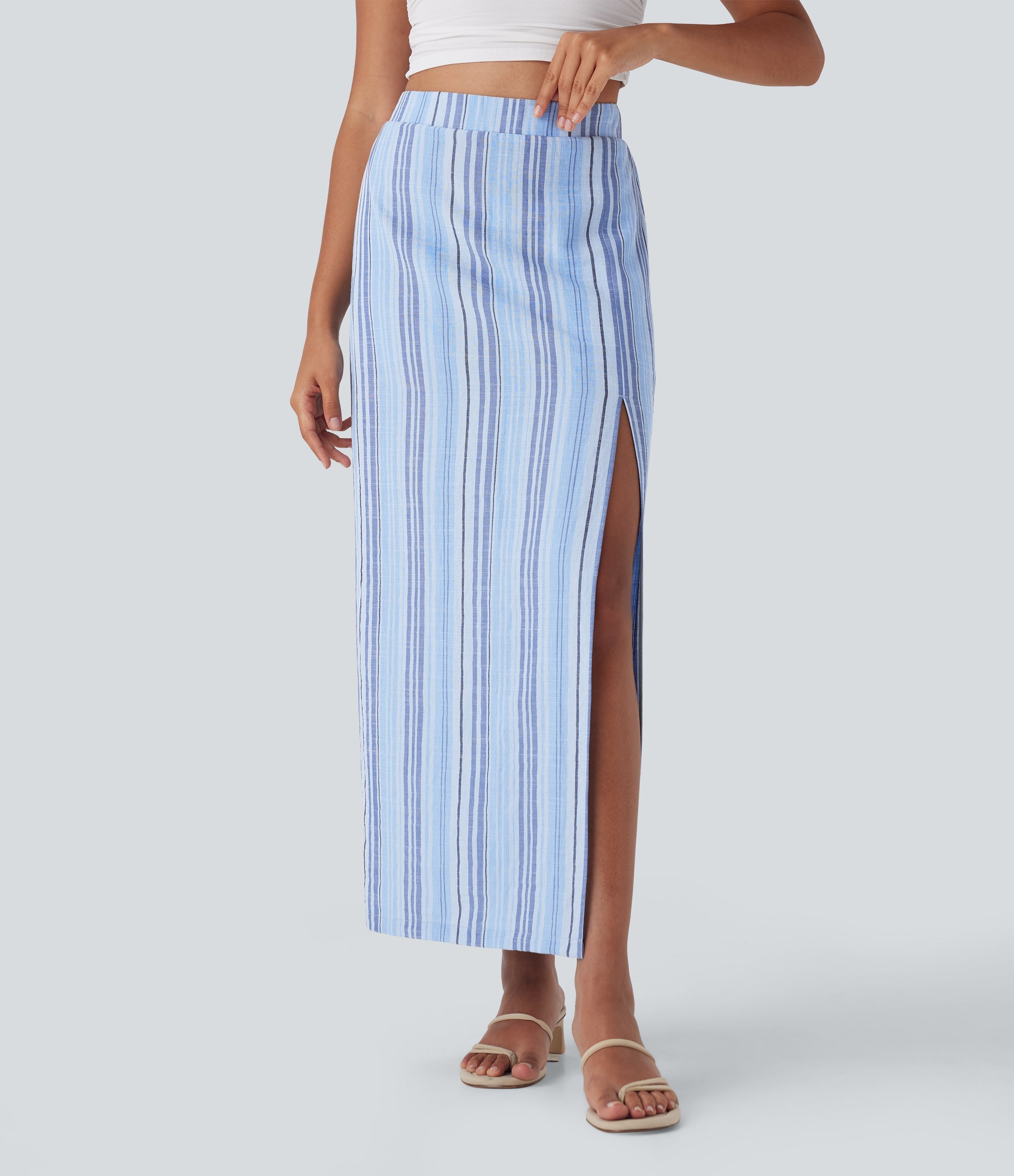 High Waisted Stripe Maxi Linen-Feel Skirt with Pockets