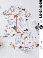Women's Owl Print Short Sleeve Top & Elastic Waist Shorts Pyjama