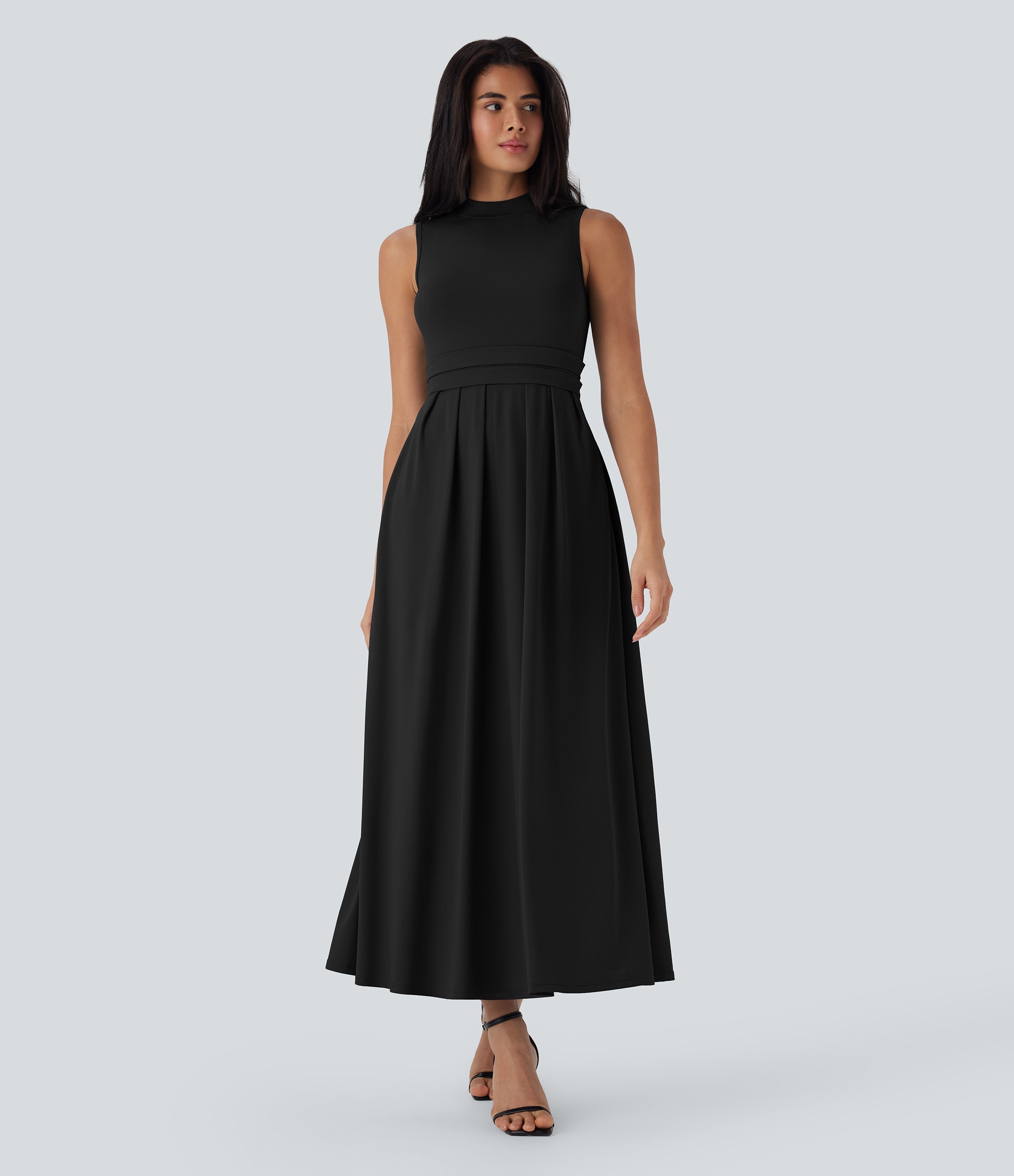 Stand Collar Sleeveless Flare Maxi Casual Dress with Pockets