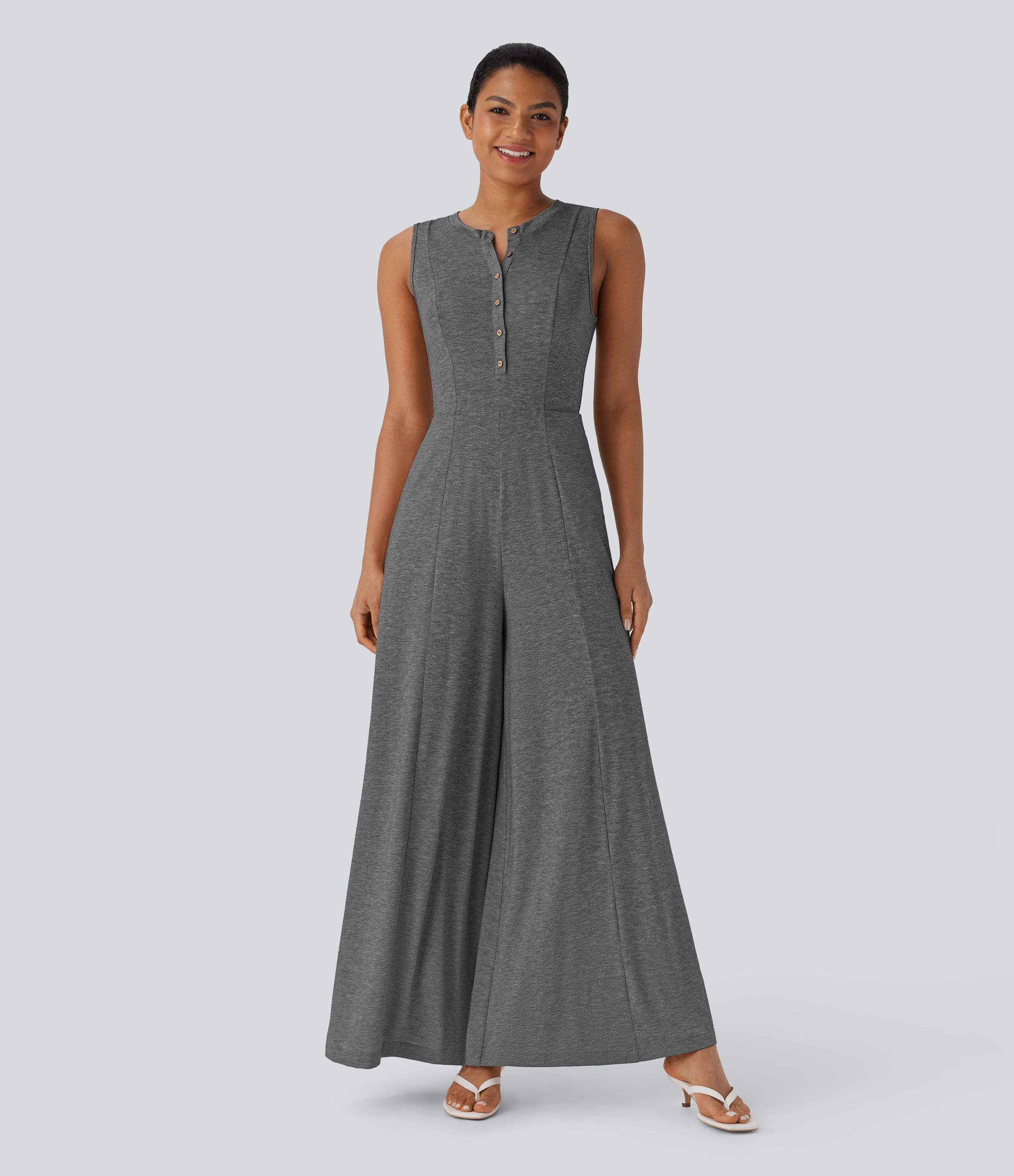 Henley Neck Sleeveless Wide Leg Flowy Casual Jumpsuit with Pockets