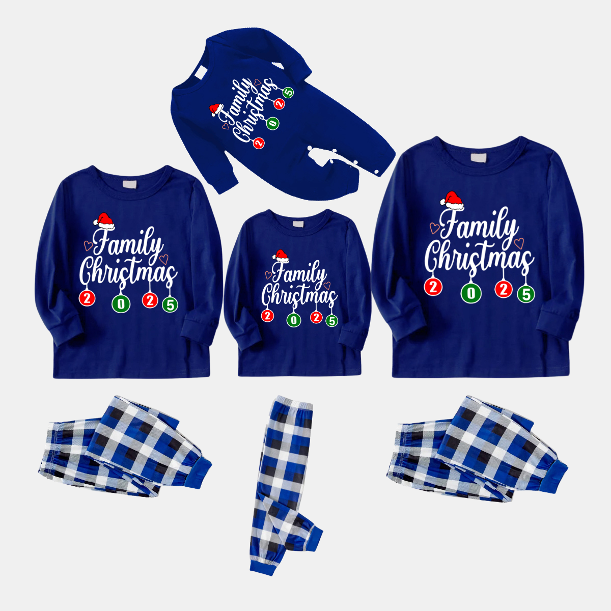 "Family Christmas 2025" Letter Printed Blue Long Sleeves with Blue&White&Black Plaid Pants Family Matching Pajamas