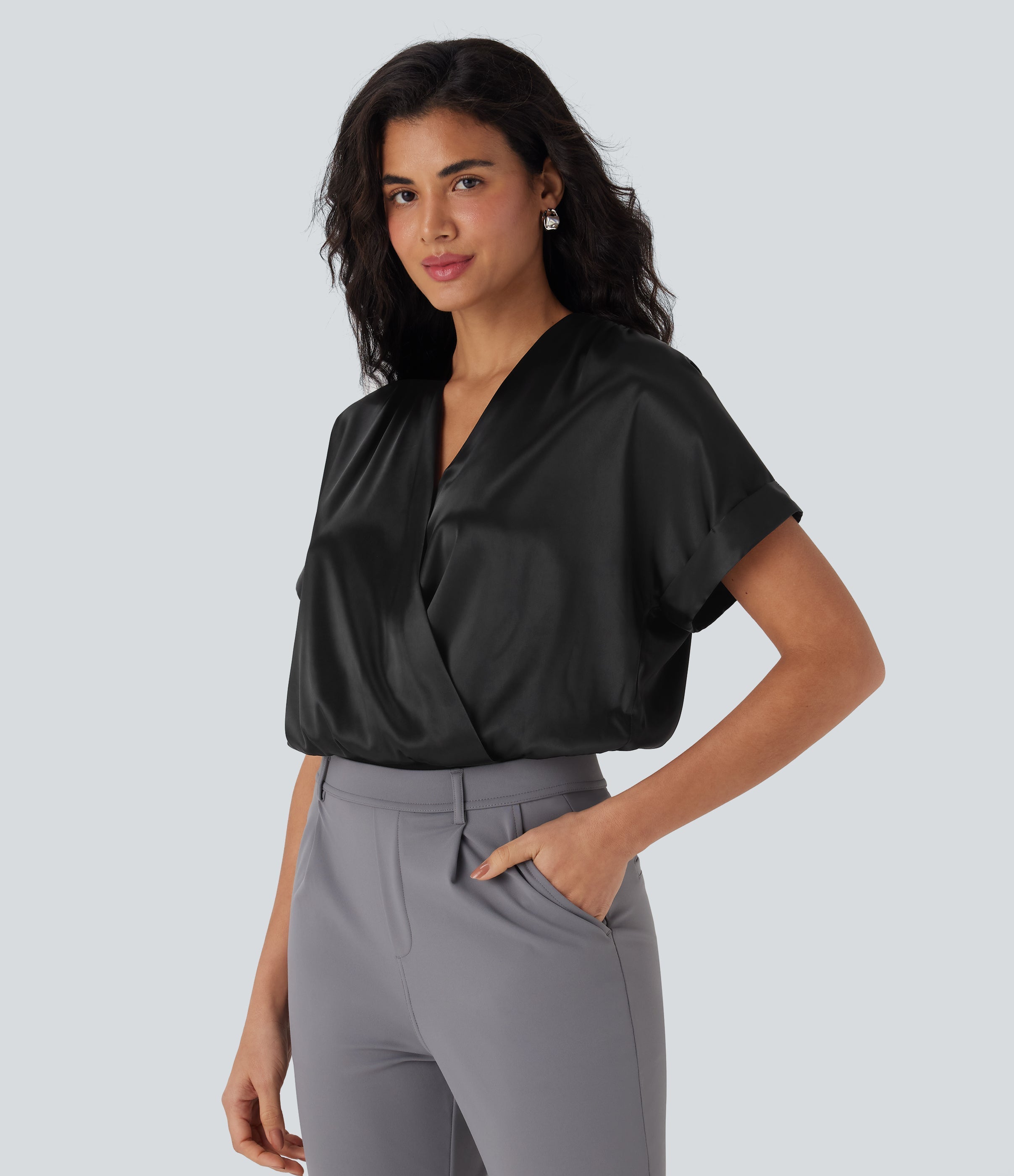Crossover V-Neck Batwing-Sleeve Snap Satin Work Bodysuit