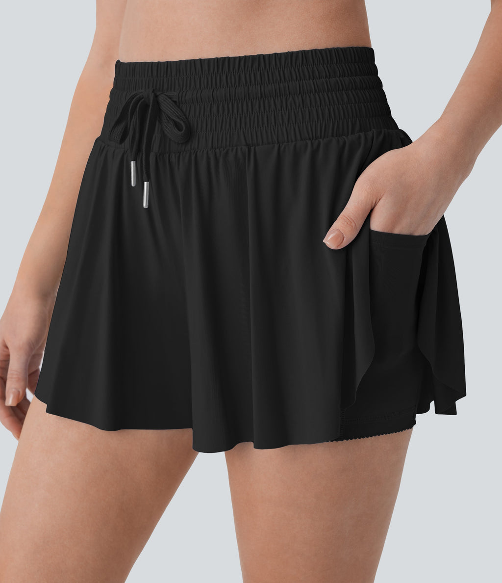 SoCinched High Waisted Tummy Control Drawstring 2-in-1 Anti-slip Hem Cool Touch Yoga Shorts with Pockets-UPF50+