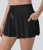 SoCinched High Waisted Tummy Control Drawstring 2-in-1 Anti-slip Hem Cool Touch Yoga Shorts with Pockets-UPF50+