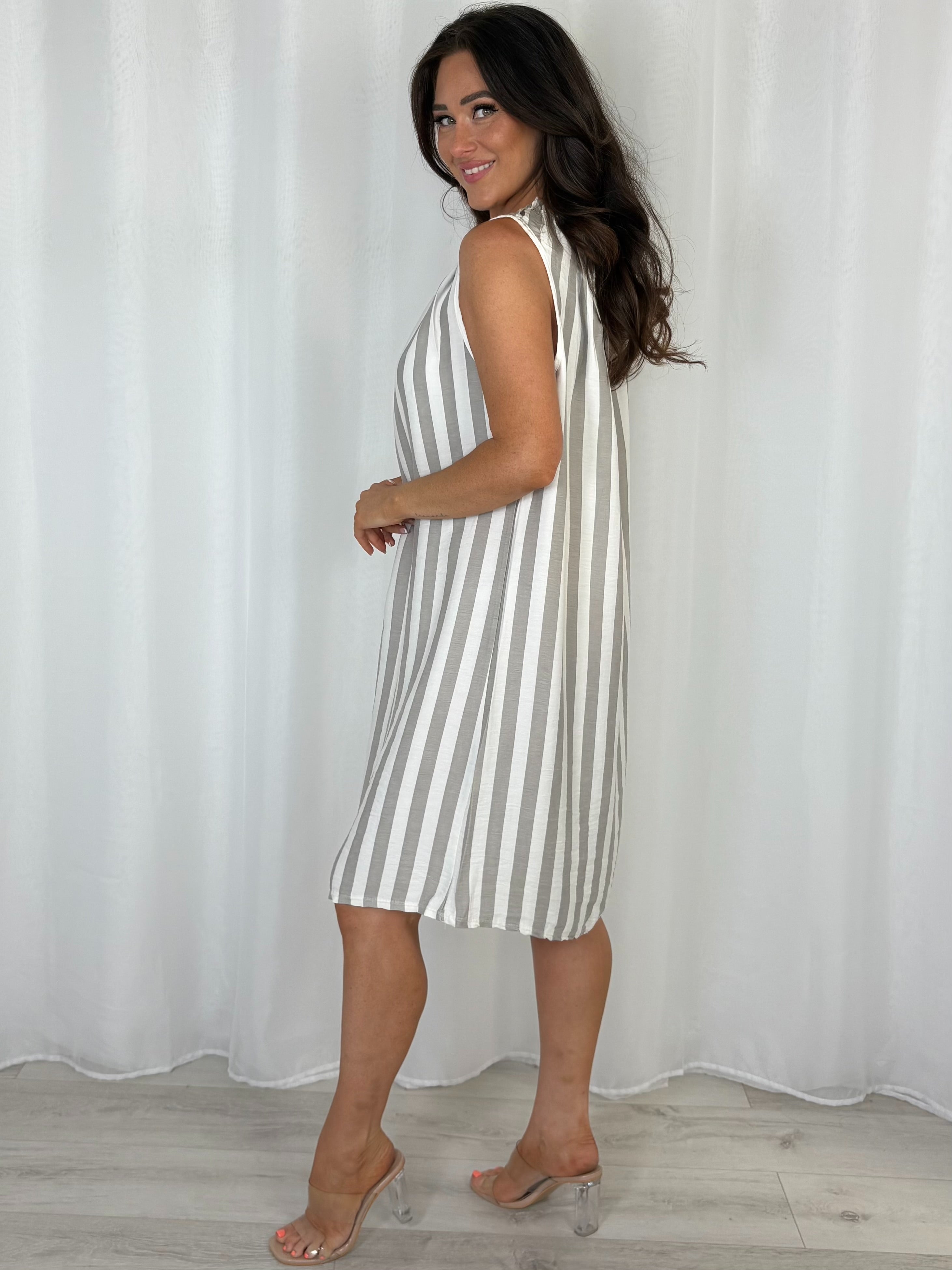 Striped Ruffle Neck Midi Dress (5 Colours)
