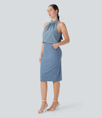 SoftlyZeroTM Airy Halter Tie Back Cool Touch Midi Work Dress with Pockets-UPF50+
