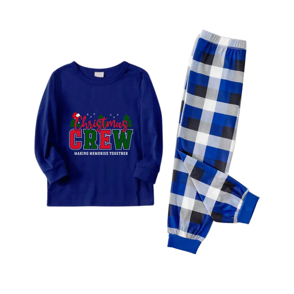 Christmas Family Matching Pajamas-Navy & White Plaid Pjs Set with "Christmas Crew Making Memories Together" Slogan Print