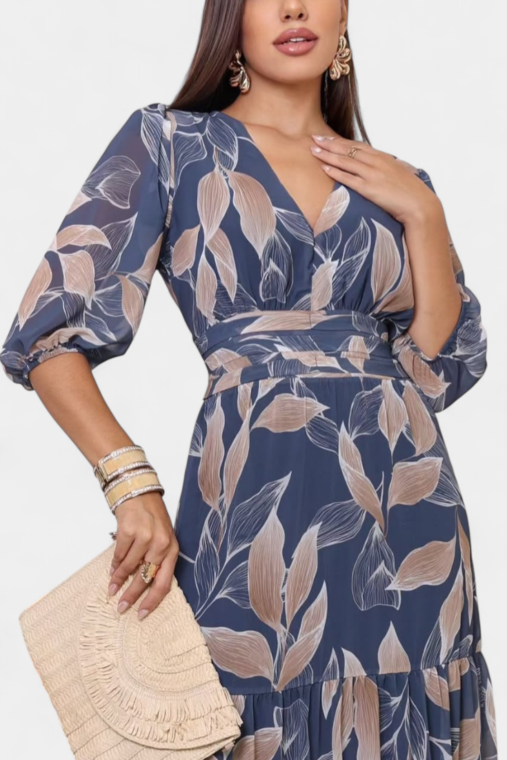Aisha Long Floral Dress with Airy Line and Leaf Pattern