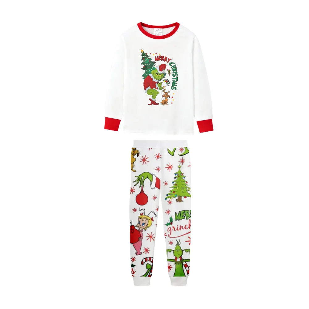 Family Christmas White Pajamas Set With Cute Xmas Pattern Print